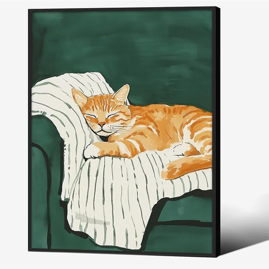 Sleeping Orange Cat poster Green Aesthetic Wall Art Preppy Funky Cute Animal Canvas Painting Gift For Cat Lover 12x16 inch Black Framed for Cozy Room Wall Decor