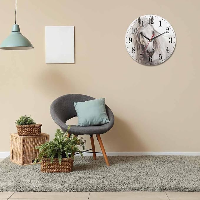 White Horse Portrait Wall Clock Classical Oil Horse with Smooth Skin and Fur 10 Inch Silent Non Ticking Battery Operated Clock Vintage Round Clock for Living Room Bedroom Bathroom Office Decor
