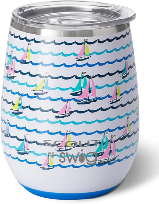 Swig 14oz Insulated Wine Tumbler with Lid, Dishwasher Safe, Stainless Steel Wine Cups (Boats and Rows)