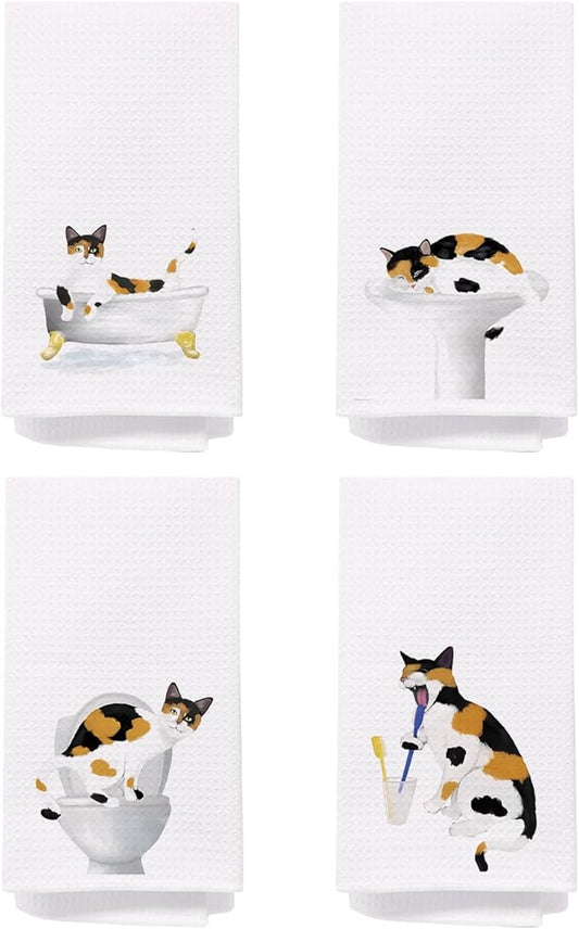 SPBL&L Calico Cat Bathroom Hand Towels Set of 4, Calico Cat Kitten Decorative Hand Towels for Bathroom, Cat Hand Towels for Cat Lovers, Cat Bathroom Decor, Cat Funny Hand Towels 16x24 Inches, White