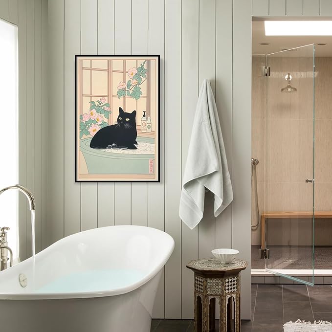 Black Cat Canvas Wall Art, Funny Japanese Cat Bathroom Poster, Cat In A Bubble Bathtub Painting, Neutral Japan Cat Aesthetic Print, Cat Pink Flowers Green Botanical Picture 8x12in Framed