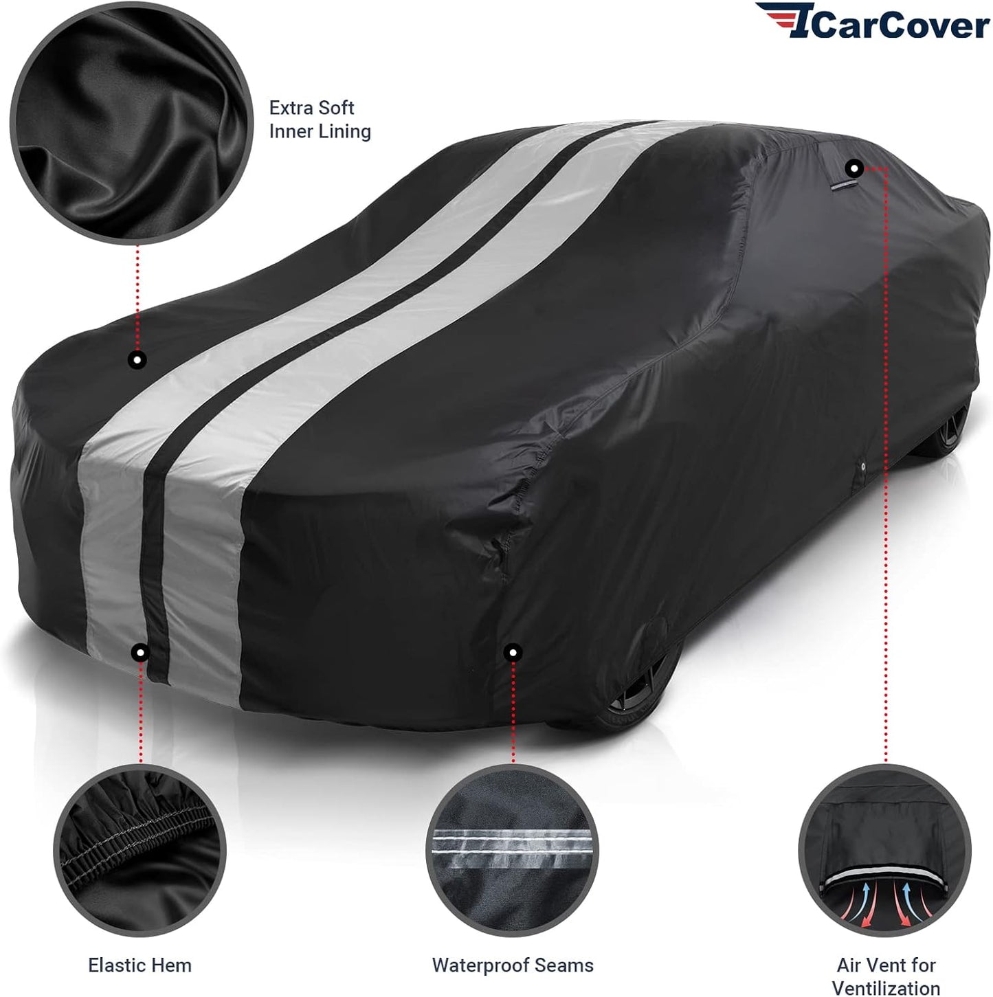 iCarCover Custom Car Cover for 2005-2025 Ford Mustang GT, Ecoboost, Mach 1, V6 Waterproof All Weather Rain Snow UV Sun Protector Full Exterior Indoor Outdoor Car Cover (Stripe - Black/Gray)