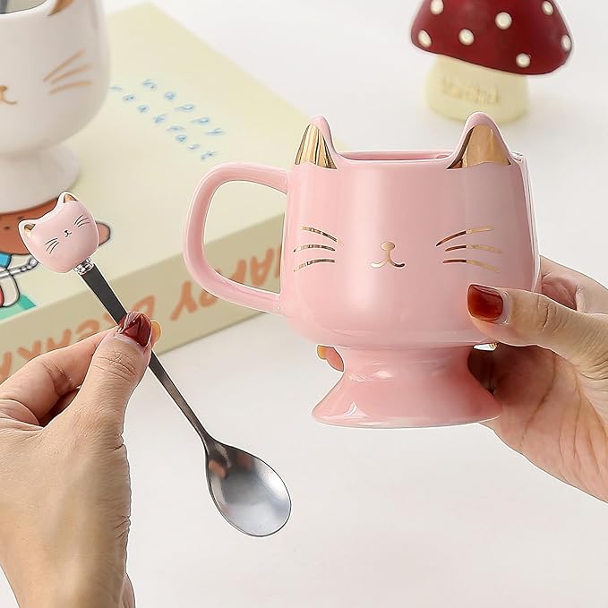Yuwu Ceramic Coffee Mug, Cute Cat Tea Mug with Spoon, Funny Gifts for Women Girls for cat lovers (Pink)