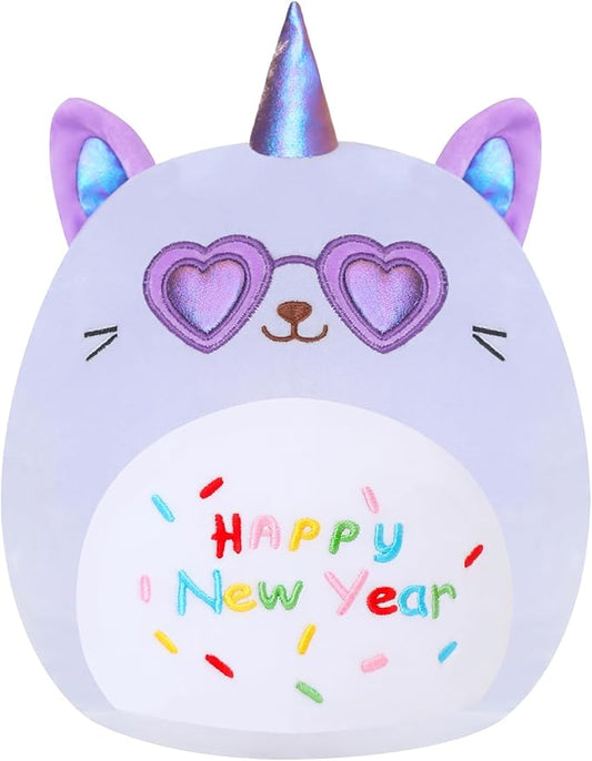SQEQE Cat Plush Unicorn Cat Stuffed Animal Toy Happy New Year Plushies Kawaii Animal Plushie Doll Gifts for Kids Christmas Party Decoration(Purple, 10 Inch)