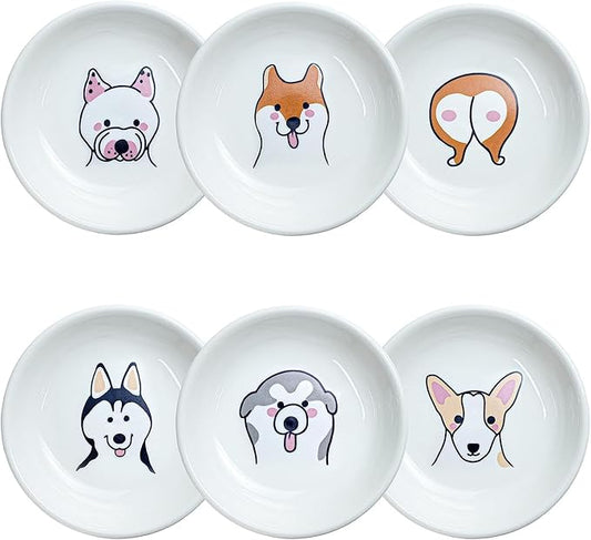 Super Cute Cartoon Animal Pattern Ceramic Sauce Dish/Seasoning Dish/Sushi Soy Dipping Bowl/Appetizer Plates/Serving Dish for Kitchen Home(Set of 6)-Dog Heads