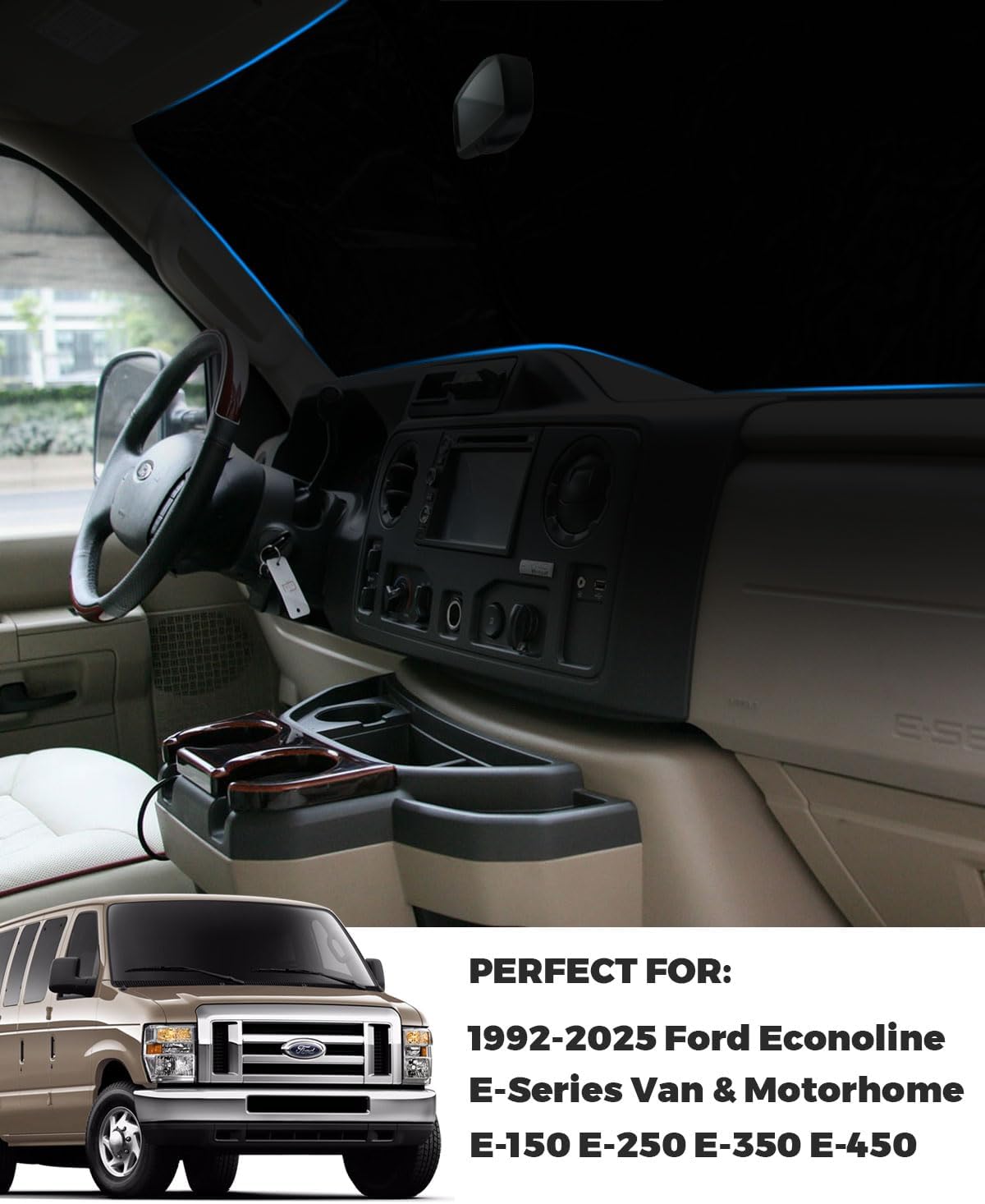Front Windshield Sunshade fit for Ford Econoline E-Series Van 1992-2025 & Motorhome E-150 E-250 E-350 E-450 UV Ray Reflector Foldable Automotive Windshield Sunshades |Keeps Your Vehicle Cool|