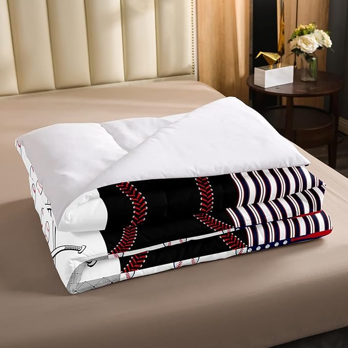 Boys Baseball Bedding Set Full Ball Games Sports Comforter Set for Kids Teens,Red Blue Abstract American Flag Bedding Comforter Set Patchwork Grey Grid USA Flag Quilt Duvet Set with 2 Pillow Cases