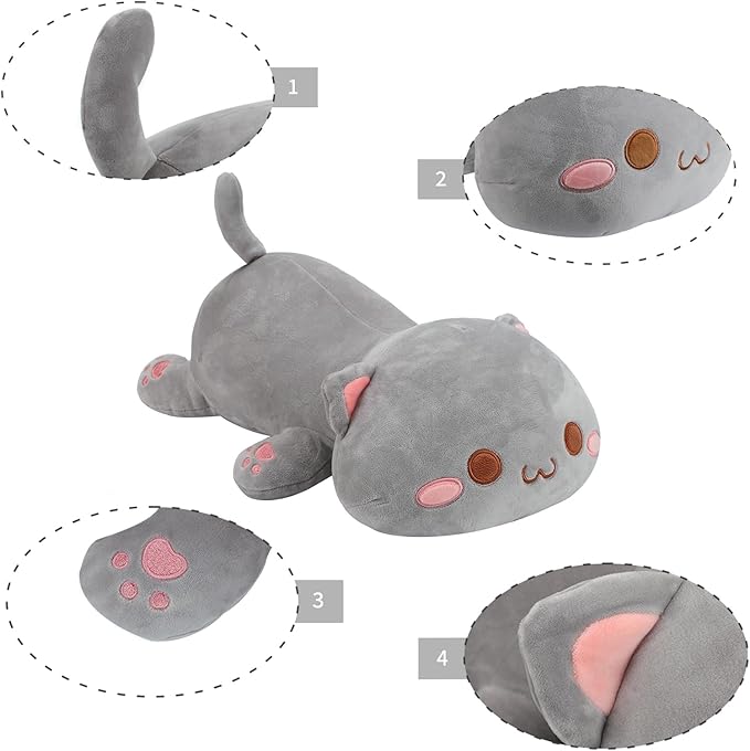 AFAN Cat Stuffed Animals Plush Cute Soft Cat Plush Pillow Toys Kawaii Plushies Room Decor Gifts for Kids Girls Boys (Round Eyes, Grey, 25.9 Inch)