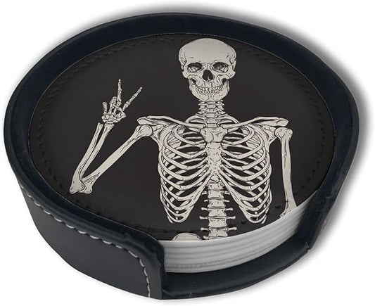 Skull Coasters for Drinks with Holder Leather Coasters Set of 6 Table Decor Protect Furniture from Water Marks Scratch and Damage