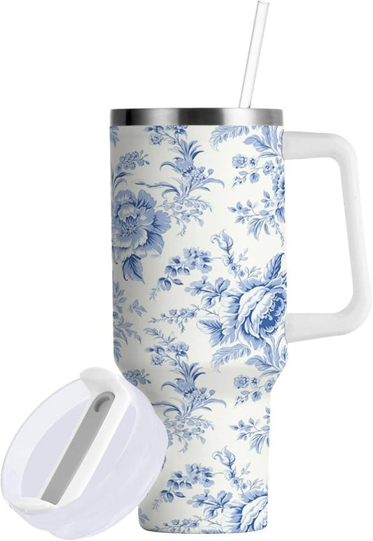 Boccsty Vintage French Floral Insulated Tumblers Blue Pattern Reusable Stainless Steel Tumbler 40 oz Cup Coffee Travel Mug Water Bottle with Handle & Flip Straw for Home Office Car