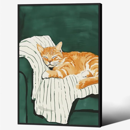 Sleeping Orange Cat poster Green Aesthetic Wall Art Preppy Funky Cute Animal Canvas Painting Gift For Cat Lover 16x24 inch Black Framed for Cozy Room Wall Decor