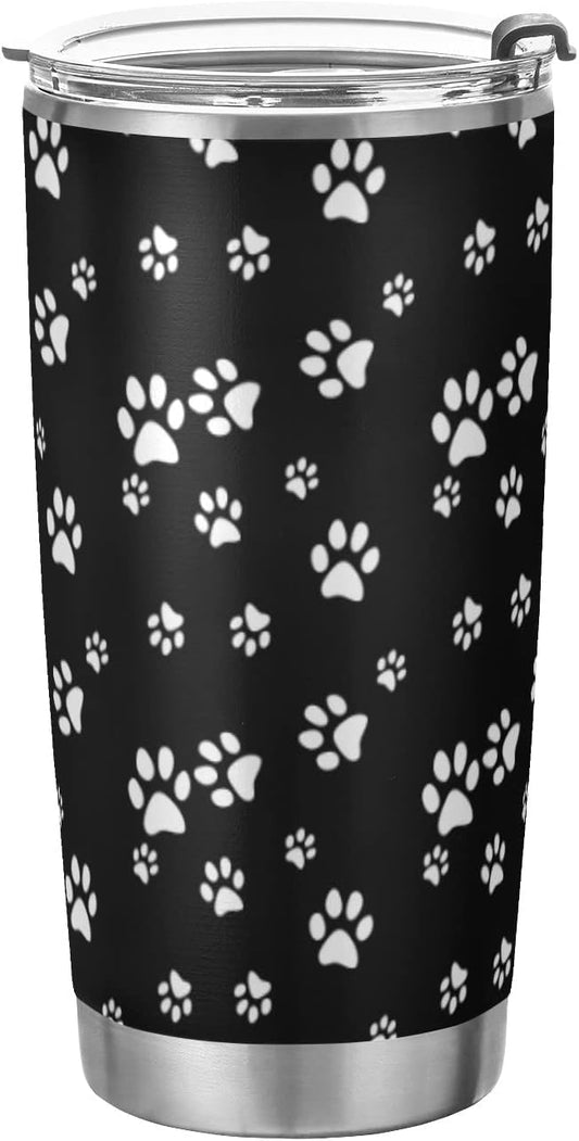Tumbler White Dog Cat Paw Print Black Insulated Coffee Cup Beverage Container Travel Mug with Straw and Lid Double Wall Stainless Steel 20oz BPA-Free for Sport, Back to School