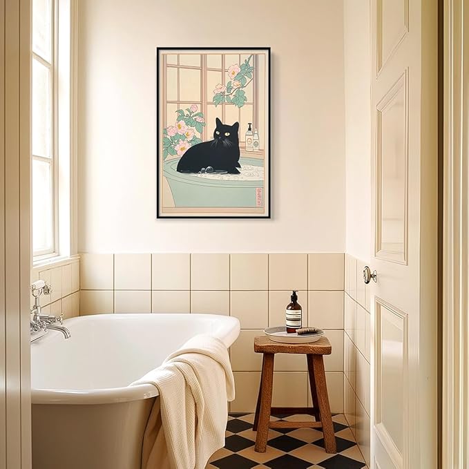 Black Cat Canvas Wall Art, Funny Japanese Cat Bathroom Poster, Cat In A Bubble Bathtub Painting, Neutral Japan Cat Aesthetic Print, Cat Pink Flowers Green Botanical Picture 8x12in Framed