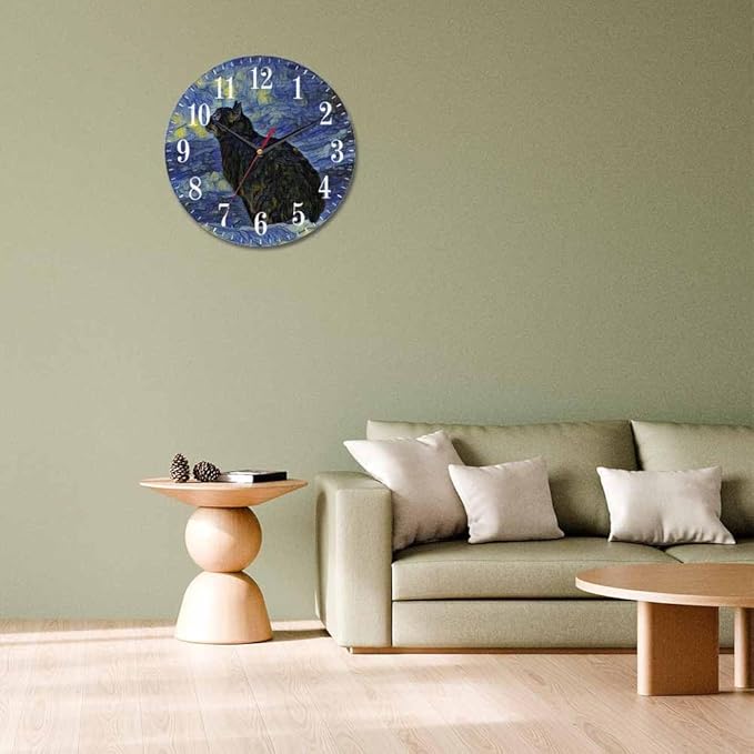 Van Gogh Wall Clock Oil Painting Galaxy Cat 10 Inch Silent Non Ticking Battery Operated Clock Vintage Round Clock for Living Room Bedroom Bathroom Office Decor