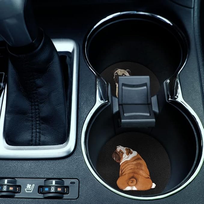 WIRESTER, Sitting Back Turn Pug Dog, English Bulldog Look Back Design Absorbent ROUND Fabric Felt Neoprene Car Coasters for Drinks (2.87 inches), 2pcs Set