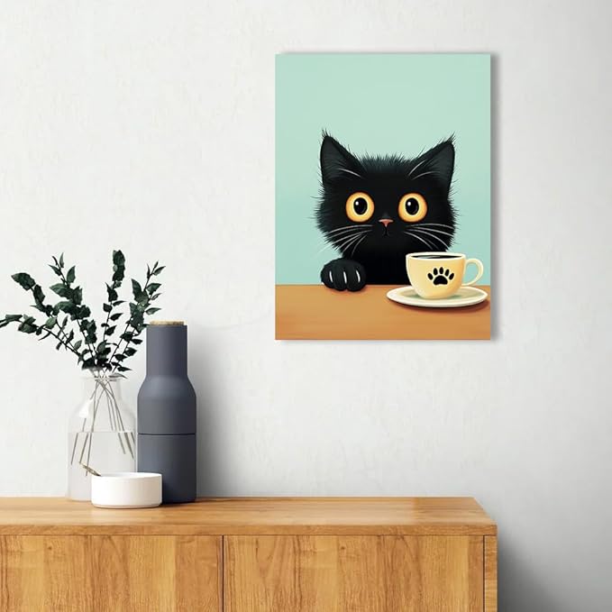Ypxzzj Cute Black Cat Drinks Coffee Canvas Art Print, 12''x16'', Living Room, Bedroom Wall Decor