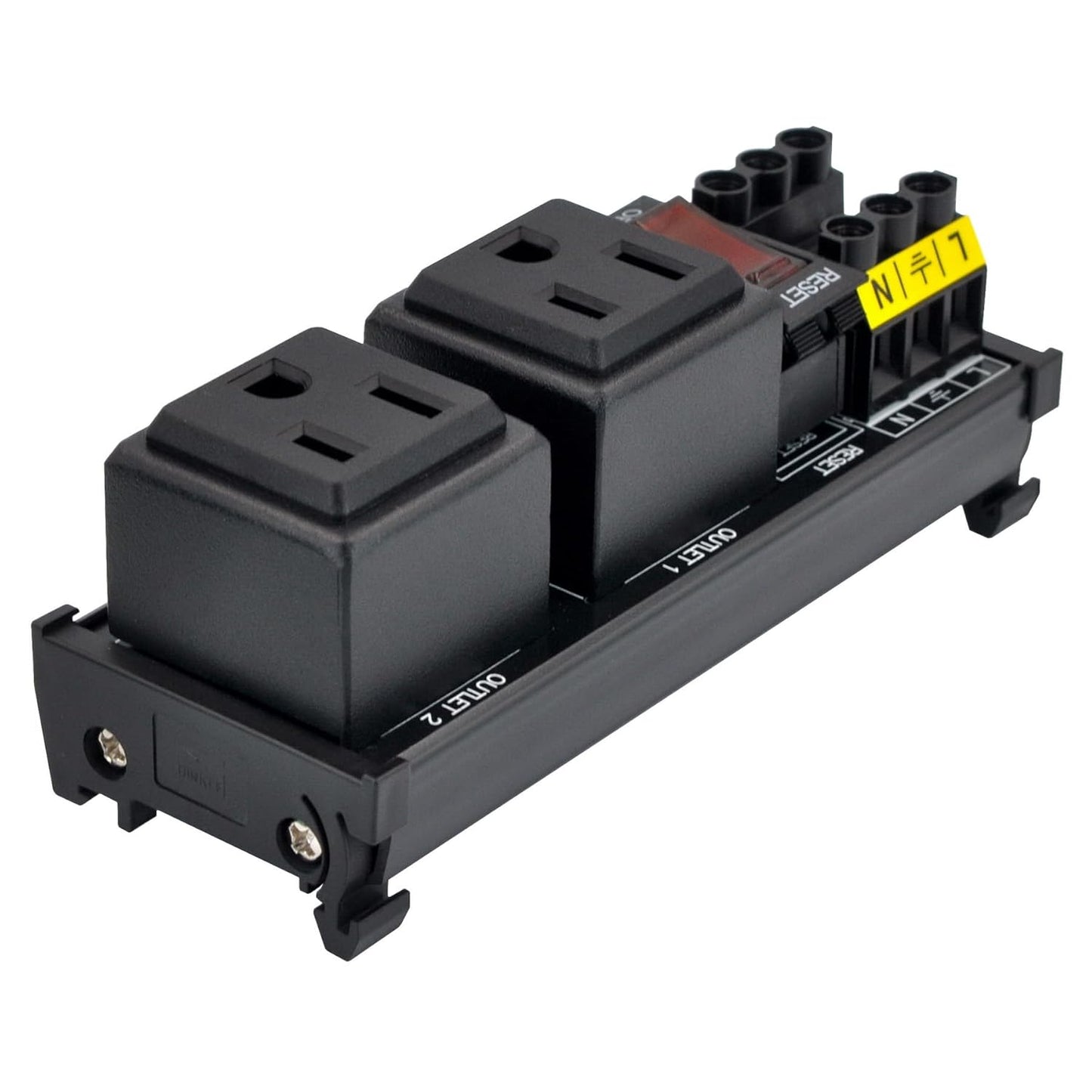 DIN Rail Mount AC 120V NEMA 5-15R Double Receptacles Outlet Power Strip Module, with Rocker Switch Thermal Circuit Breaker Overload Protector