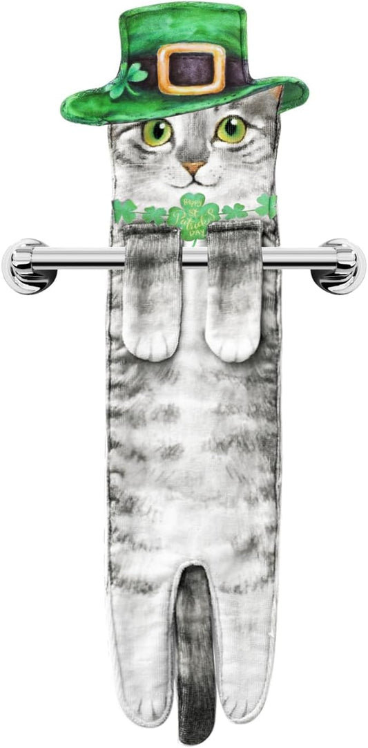 St Patrick's Day Cat Hand Towels for Kitchen Bathroom Decorations Gifts - Cute Shamrock Green Hanging Soft Absorbent Face Towel - Funny Birthday Housewarming Unique Gift for Women Mom Lady Cat Lovers