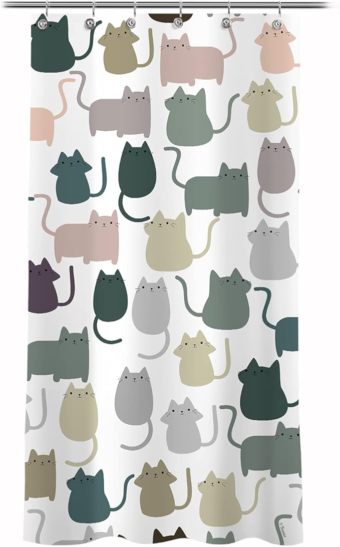 Sunlit Design 36 x 72 Inches Lovely Multicolor Cartoon Cats Fabric Small Stall Shower Curtain, Cute Cats RV Half Size Narrow Bathroom Decoration Curtains