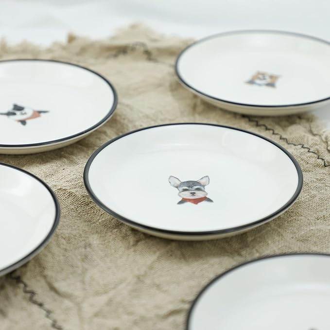 WAIT FLY 5 Inches Funny Retro Dog Pattern with Brush Strokes Ceramics Seasoning Dishes/Tea Bag Holders/Ketchup Saucer/Appetizer Plates/Seasoning Dipping Bowls, Set of 4