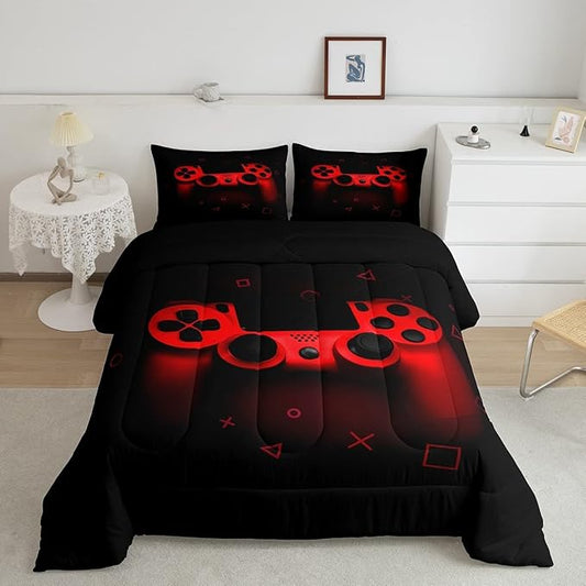 Boys Gamer Comforter Set King Size,Gamepad Bedding Set Kids Young Man Video Games Down Comforter for Teen Child Game Room Decor Black Red Classic Retro Gaming Quilted Duvet Set with Pillowcase
