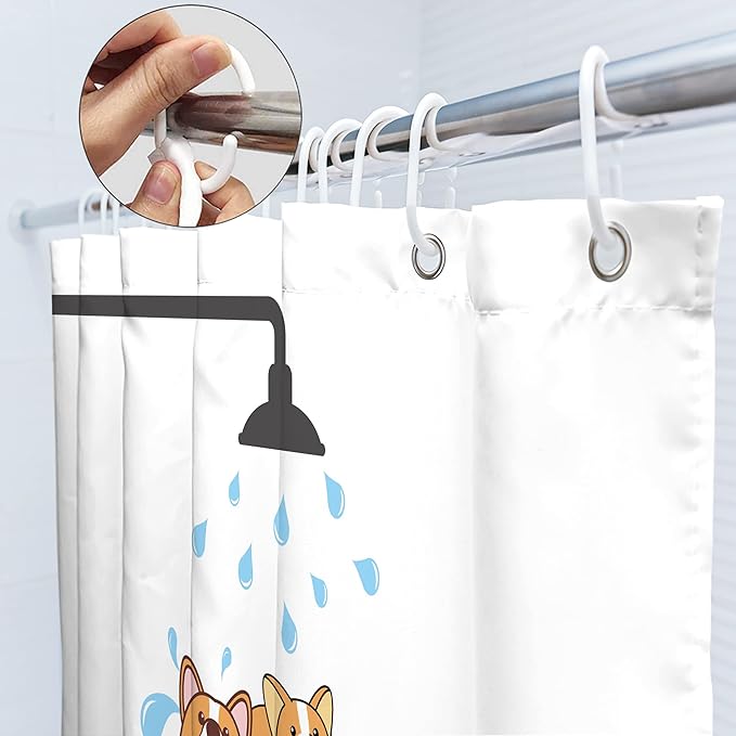 SVBright Funny Dog Shower Curtain Kids Cute Corgi Raining Cartoon Animal 72Wx72L Inch Hilarious Pets Playing Water12 Pack Hooks Polyester Waterproof Fabric Bathroom Bathtub Panels