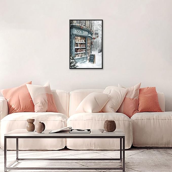 Vintage Christmas wall art Winter Book Shop Poster Print Book Lovers Gift Reading wall art Bookshop Wall Decor Winter Landscape Painting Room decor Aesthetic black framed8x12inch