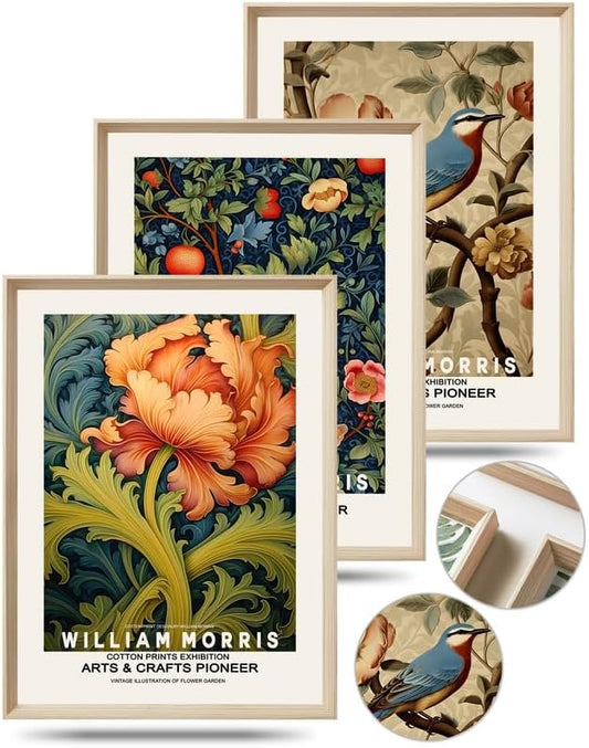 UPWOIGH Framed Wall Art, William Morris Wood Canvas Wall Art,12"x16" Cotton Pattern Colorful Botanical Bird Poster Wall Decor Aesthetic for Living Room Bedroom,Set of 3,Accessories