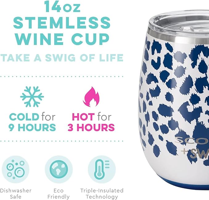 Swig Life + SCOUT 14oz Insulated Wine Tumbler with Lid | 40+ Pattern Options | Dishwasher Safe, Holds 2 Glasses, Stainless Steel Outdoor Wine Glass (Leopard Noir)