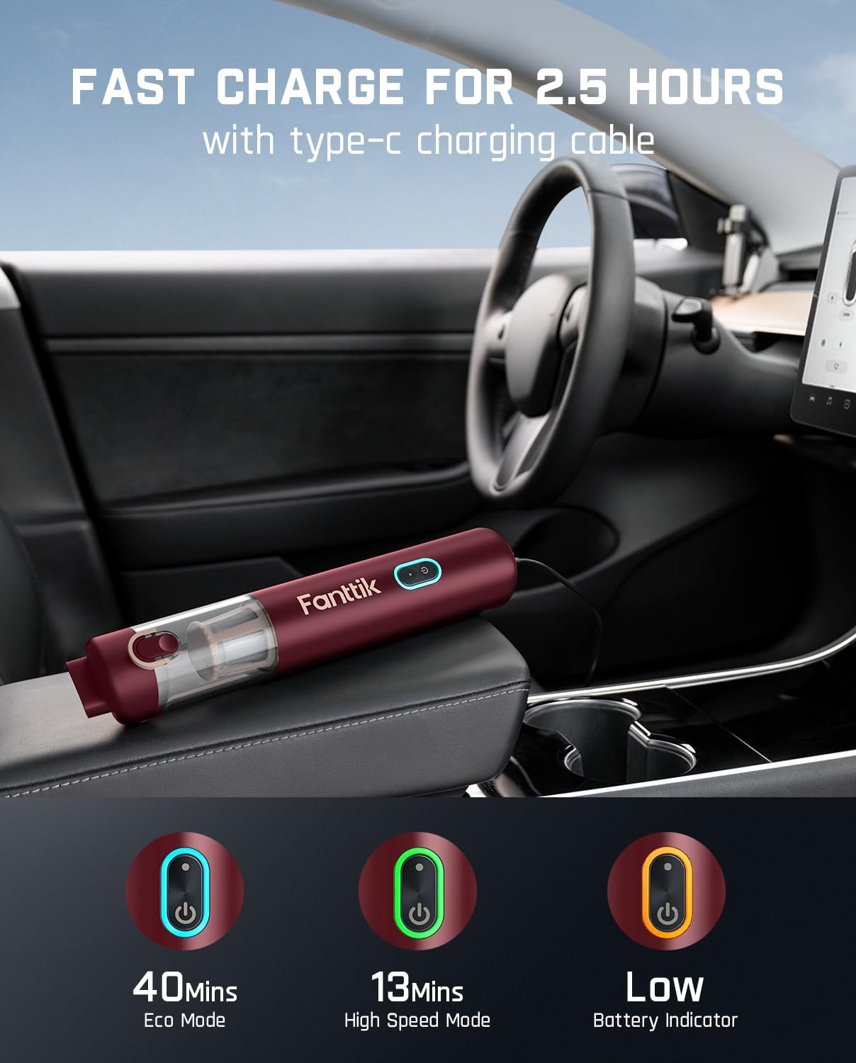 Fanttik Slim V8 APEX Car Vacuum, 4-in-1 Portable Mini Cordless Vacuum with 19000pa Suction Power, Type-C Charge, 2 Suction Modes, Handheld Vacuum for Car, Office Desk, Keyboards (Red)