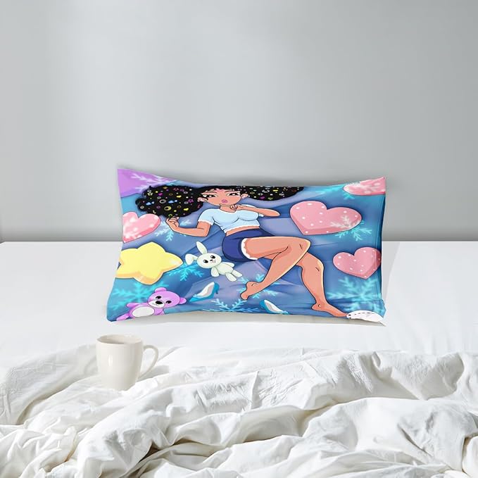 Black Girl Comforter Set - Twin Comforter Set for Girls - African American Comforter Sets for Girls Kids Comforter Sets 2 Piece Blue Pretty Girl with Love Prints Bedding with 1 Pillowcase