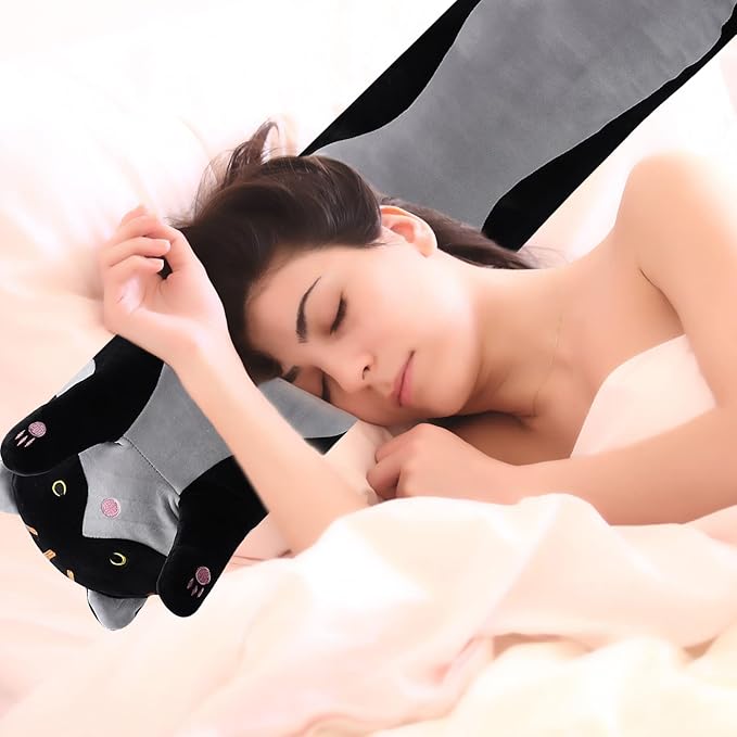 WUYU Lovely Plush Cat Doll Cute Cartoon Soft Stuffed Kitten Pillow Long Throw Sleeping Pillow Doll Toy Gift for Kids Girlfriend Multiple Size (Black, 70cm/27.5in)