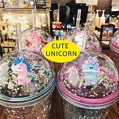Unicorn Drinking Cup with Straw Kid Travel Tumbler Glitter Ice Coffee Mugs Plastic Cup for Party Gift (pink unicorn, 6.5 * 20cm))