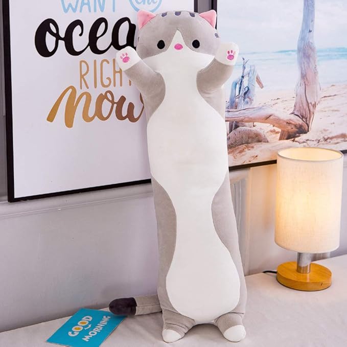 WUYU Lovely Plush Cat Doll Cute Cartoon Soft Stuffed Kitten Pillow Long Throw Sleeping Pillow Doll Toy Gift for Kids Girlfriend Multiple Size (Grey,50cm/19.6in)