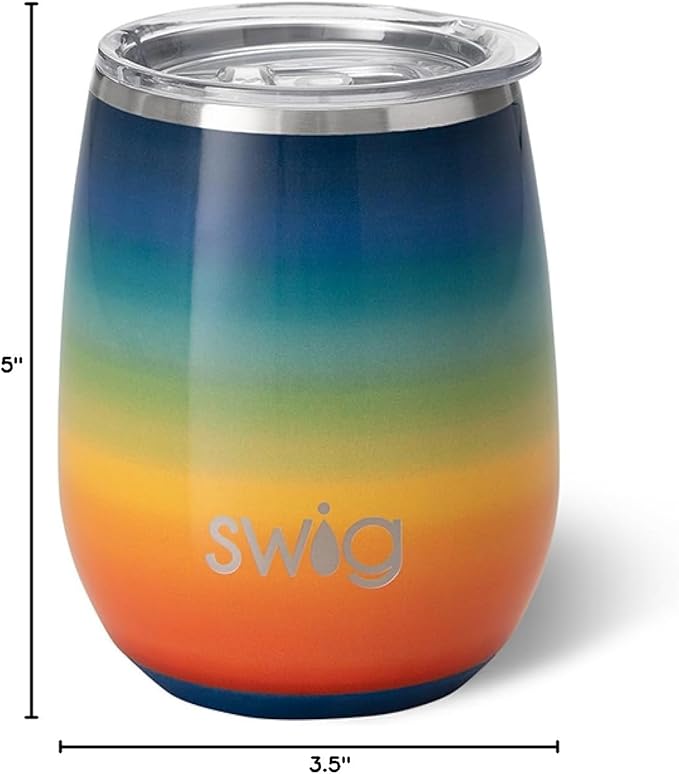 Swig Life 14oz Insulated Wine Tumbler with Lid | Discontinued Prints | Dishwasher Safe, Holds 2 Glasses, Stainless Steel Outdoor Wine Glass (Retro Rainbow)