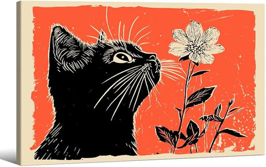 Black Cat Posters Vintage Animal Botanical Wall Art Cute Cat Sniffing Flower Canvas Painting Gift For Cat Lover 24x36 inch Framed Living Room Gallery Wall Decor
