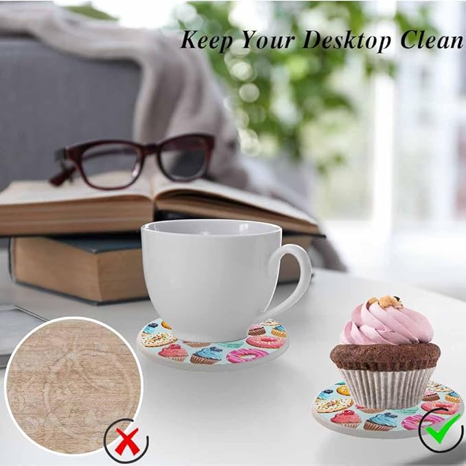 Sweets Cupcake Donut Coasters Cake Macaron Cream Bake Chocolate Ornament Absorbent Drink Coaster Set of 2 Unique Beer Beverage Coasters for Coffee Table Cup Bar Coasters Cute Cork Ceramic Coasters