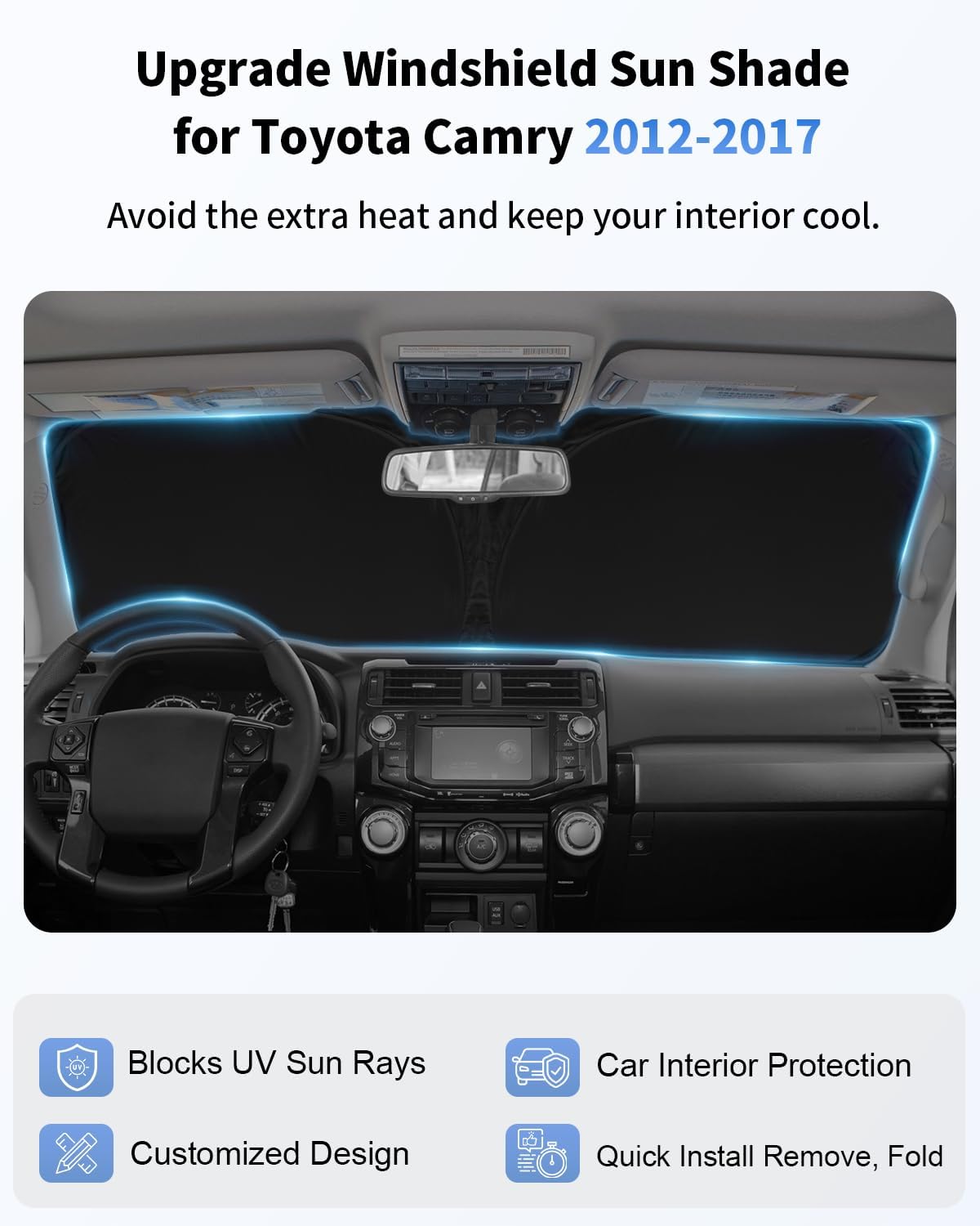 Custom-fit for Toyota Camry 2012-2016 2017 Windshield Sun Shade Block UV Rays Foldable Sun Visor SunShades 240T Reflective Fabric UV Protection Auto Car Interior Accessories