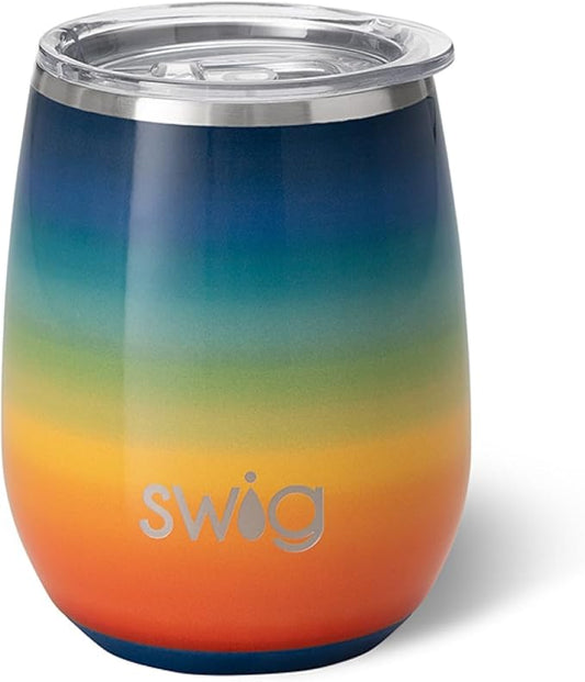 Swig Life 14oz Insulated Wine Tumbler with Lid | Discontinued Prints | Dishwasher Safe, Holds 2 Glasses, Stainless Steel Outdoor Wine Glass (Retro Rainbow)