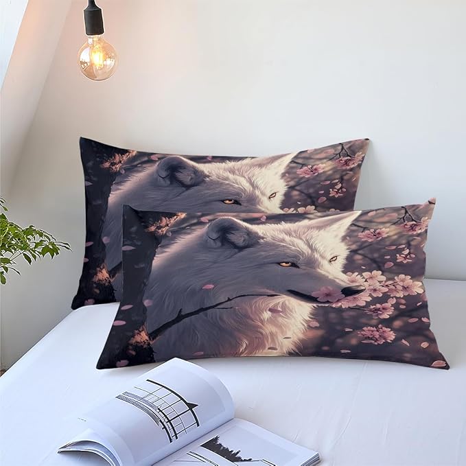 White Wolf Bedding Full Size Grey Pink Cherry Blossom Comforter Set Wildlife Wolves Safari Animal Bedding for Kids Girls Boys Teens, Soft Lightweight Comforter Sets 3Pcs