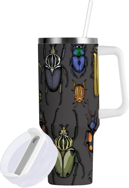 Boccsty Bright Insects Dark Insulated Tumblers Beetle Reusable Stainless Steel Tumbler 30 oz Cup Coffee Travel Mug Water Bottle with Handle & Flip Straw for Home Office Car