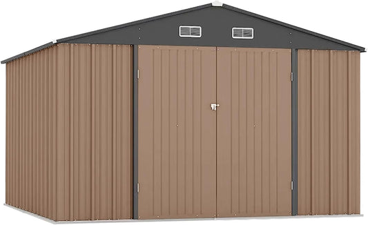 10X12FT Outdoor Metal Storage Shed, Lockable Weatherproof Garden Shed for Tools & Equipment, Durable Galvanized Steel with Sloping Roof & Ventilation, Ideal for Backyard, Patio & Garage Storage, Brown