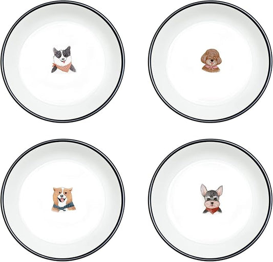 WAIT FLY 5 Inches Funny Retro Dog Pattern with Brush Strokes Ceramics Seasoning Dishes/Tea Bag Holders/Ketchup Saucer/Appetizer Plates/Seasoning Dipping Bowls, Set of 4