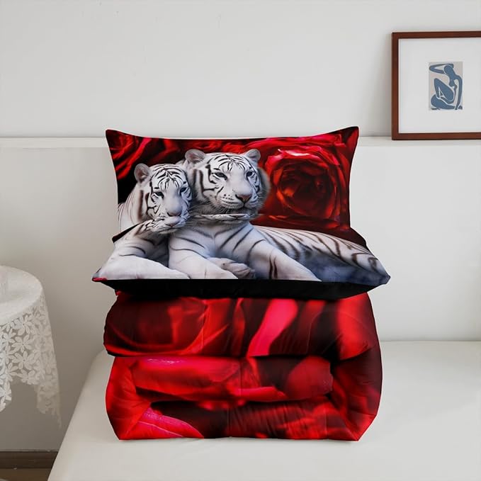 Tiger Twin Comforter Set, Red Rose Down Comforter Kids Girls Women, Red Cat Quilted Duvet Insert, Brown