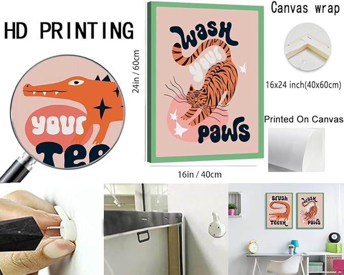 YFvrPt Funny Bathroom Animal Wall Art, Tiger Wash Your Paws Bathroom Wall Decor, Cute Eclectic Restroom Poster Canvas Prints Funky Maximalist Toilet Sign for Kids Room Nursery Framed 16x24 inch