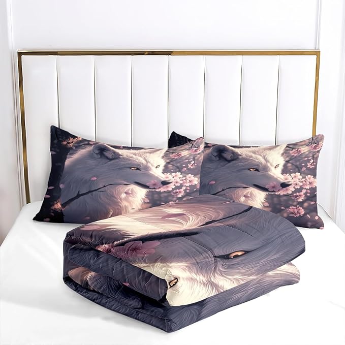 White Wolf Bedding Full Size Grey Pink Cherry Blossom Comforter Set Wildlife Wolves Safari Animal Bedding for Kids Girls Boys Teens, Soft Lightweight Comforter Sets 3Pcs