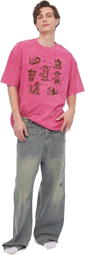 Y2K Oversized Graphic Tees for Women -Cowboy Cats Acid Washed Vintage Unisex Tee Short Sleeve Streetwear Tops
