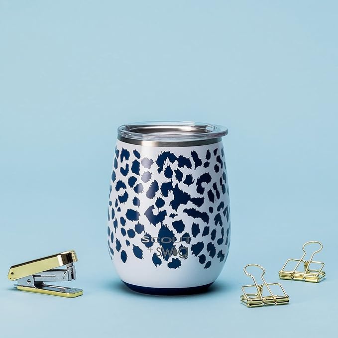 Swig Life + SCOUT 14oz Insulated Wine Tumbler with Lid | 40+ Pattern Options | Dishwasher Safe, Holds 2 Glasses, Stainless Steel Outdoor Wine Glass (Leopard Noir)
