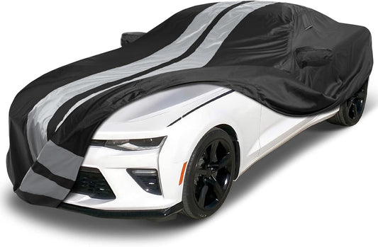 iCarCover Custom Car Cover Compatible with Camaro 2010-2023, Waterproof All Weather Rain Snow UV Sun Protector Full Exterior Indoor Outdoor Car Covers, Stripe (Black/Gray)