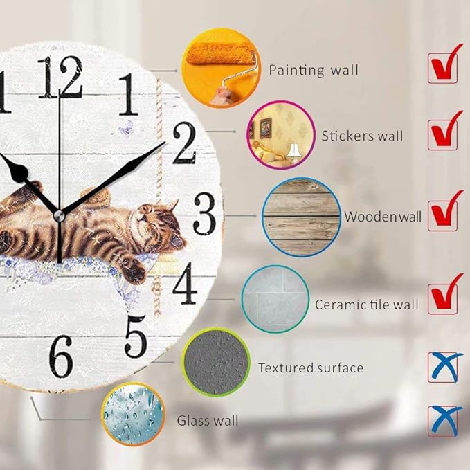 Wamika Round Wall Clock Cat on Swing White Vintage Wooden Clock Silent Non Ticking Wall Decorative,Kitty Cute Cats Flowers Butterfly Clocks 10 Inch Battery Operated Quartz Quiet Desk Clock for Home